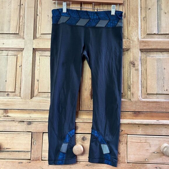 Lululemon 6 Cropped Capri Leggings Black Blue Athletic Gym Zippered Pocket Mesh - Picture 1 of 6